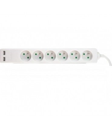 Multiprise blanche 6 prises + 2 ports USB sans interrupteur 1.50 mètre 