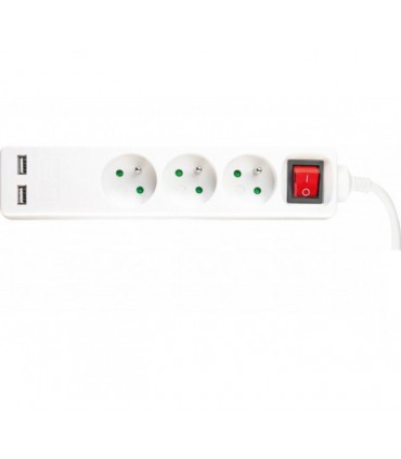 Multiprise USB filaire avec interrupteur, 3 prises + 2 USB-A blanc